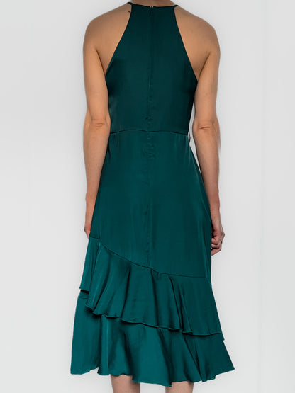 Teal Satin High Neck Ruffle Midi Dress