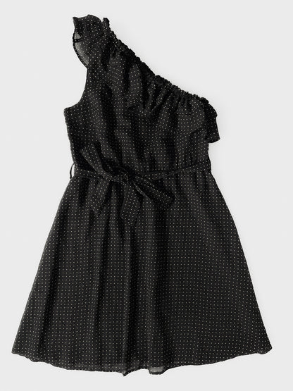 One Shoulder Black Polka Dot Spot Dress in Black