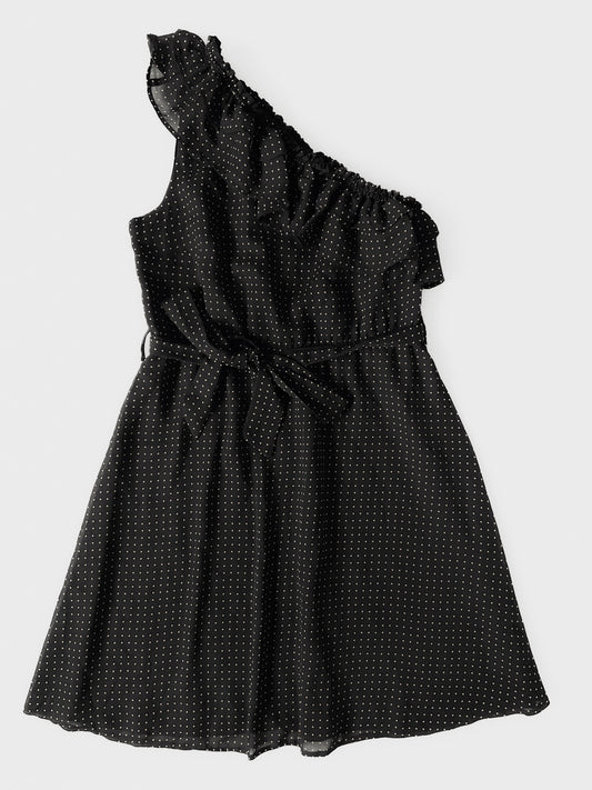 One Shoulder Black Polka Dot Spot Dress in Black