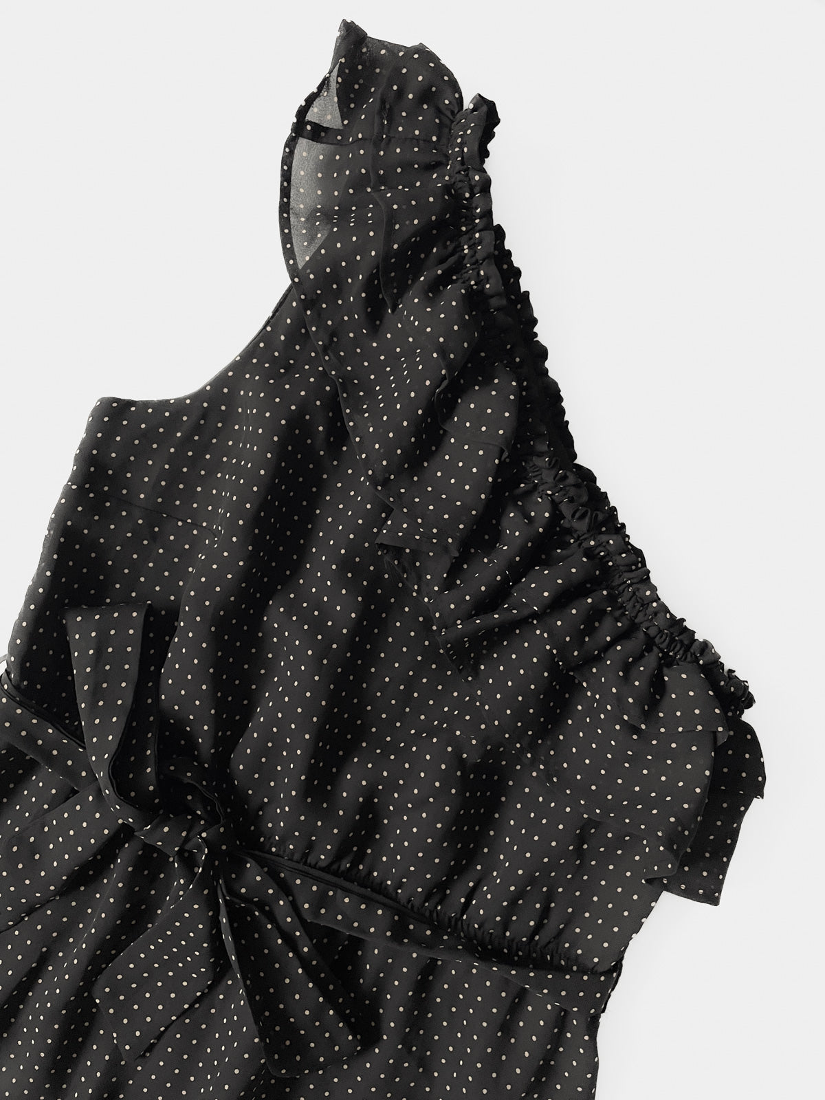One Shoulder Black Polka Dot Spot Dress in Black