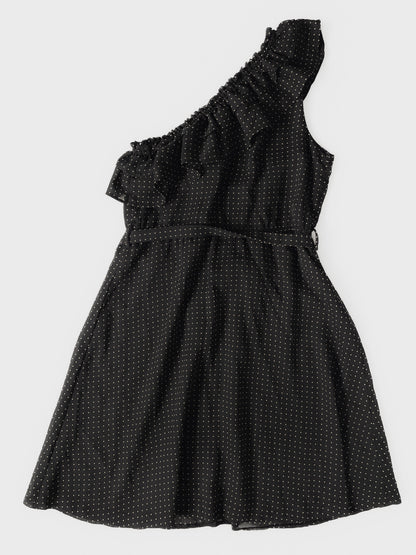 One Shoulder Black Polka Dot Spot Dress in Black