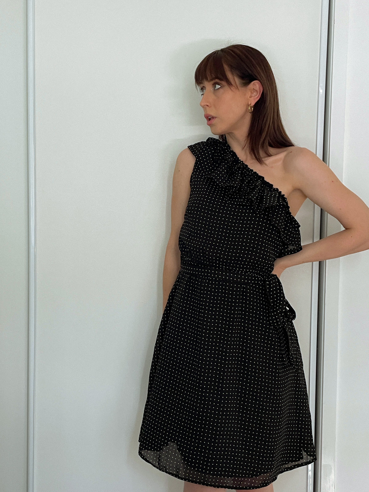 One Shoulder Black Polka Dot Spot Dress in Black