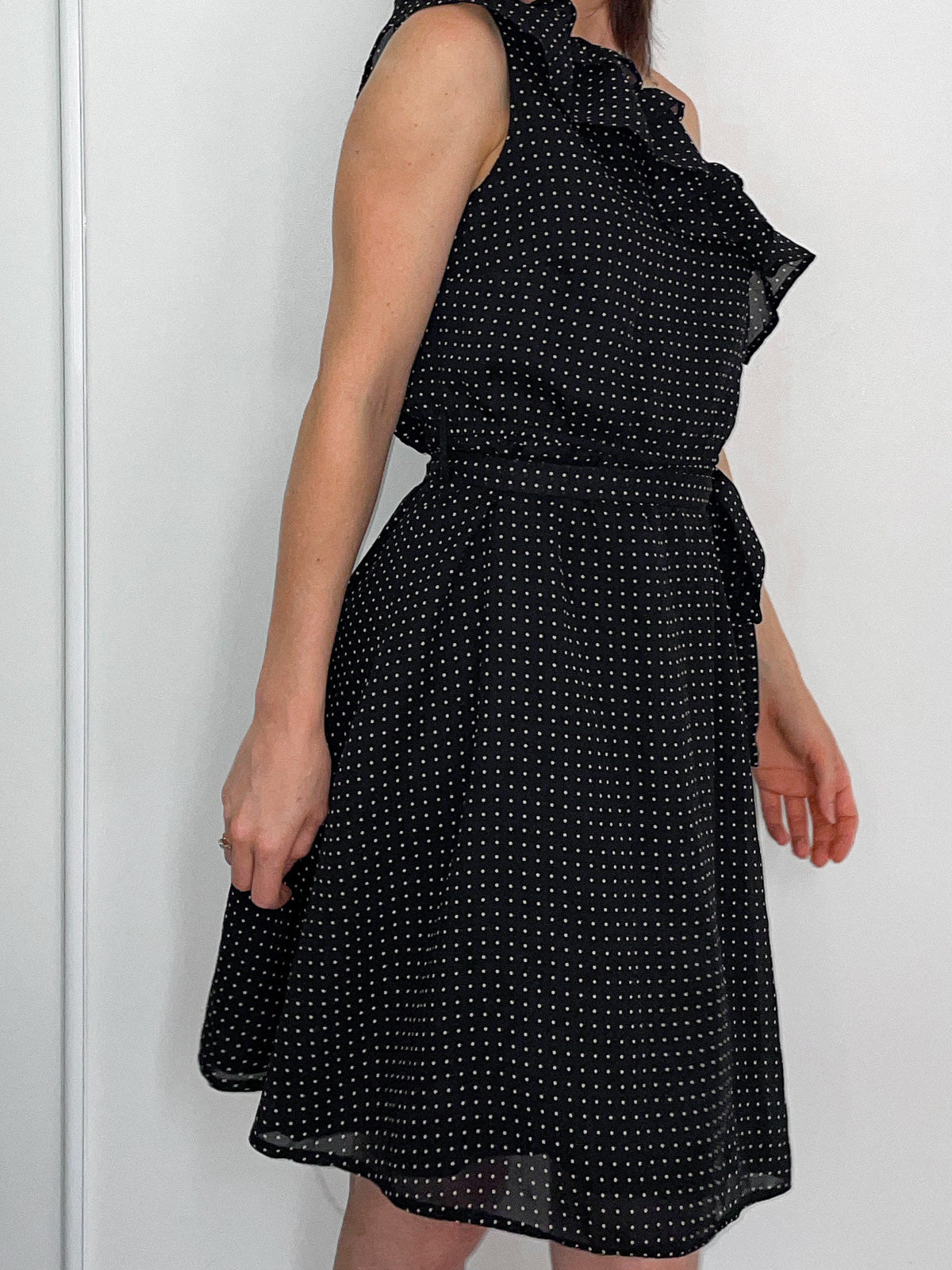 One Shoulder Black Polka Dot Spot Dress in Black