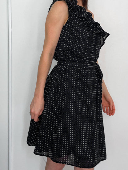 One Shoulder Black Polka Dot Spot Dress in Black