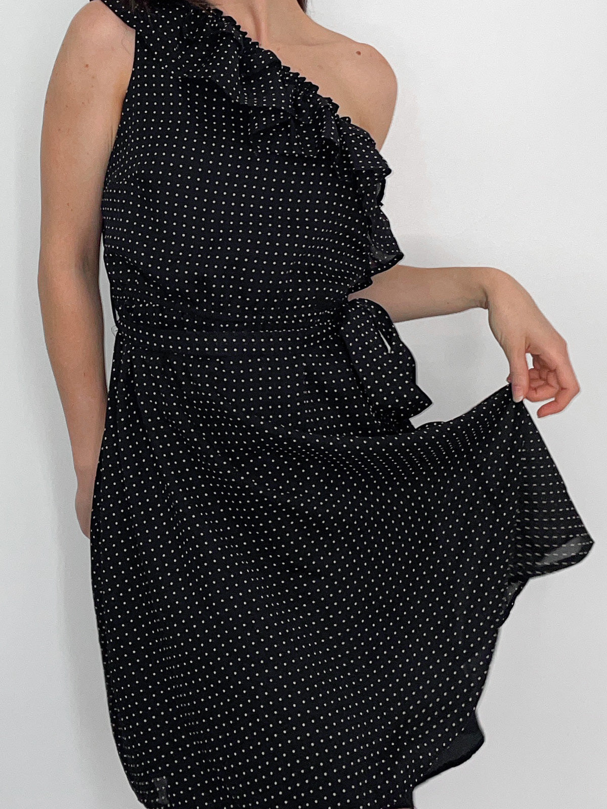 One Shoulder Black Polka Dot Spot Dress in Black