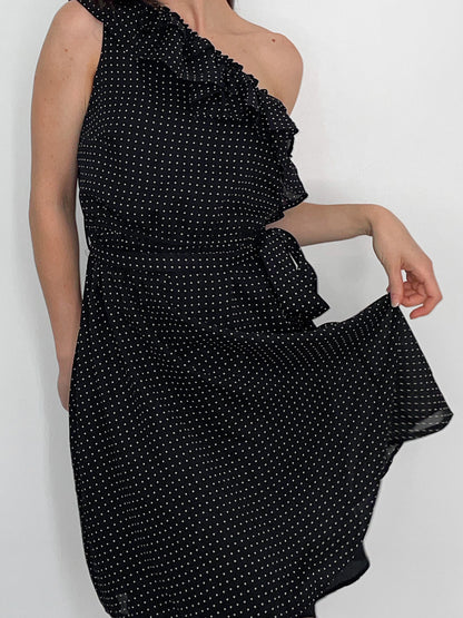 One Shoulder Black Polka Dot Spot Dress in Black