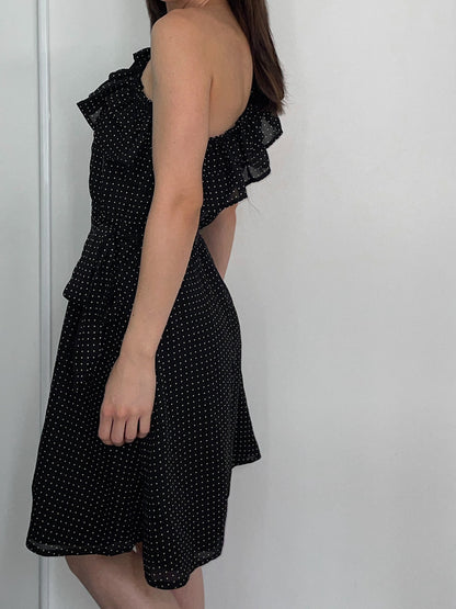 One Shoulder Black Polka Dot Spot Dress in Black