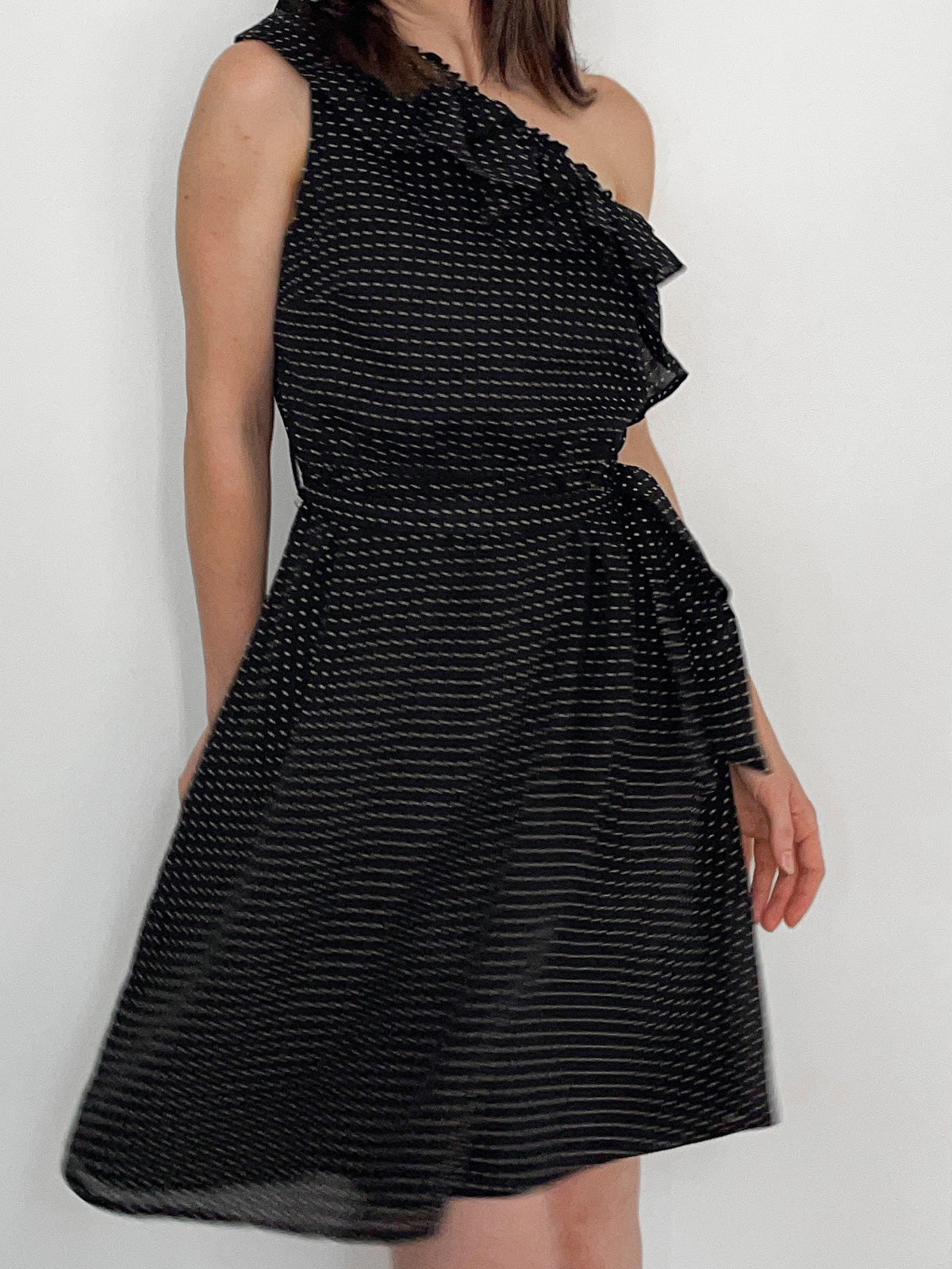 One Shoulder Black Polka Dot Spot Dress in Black