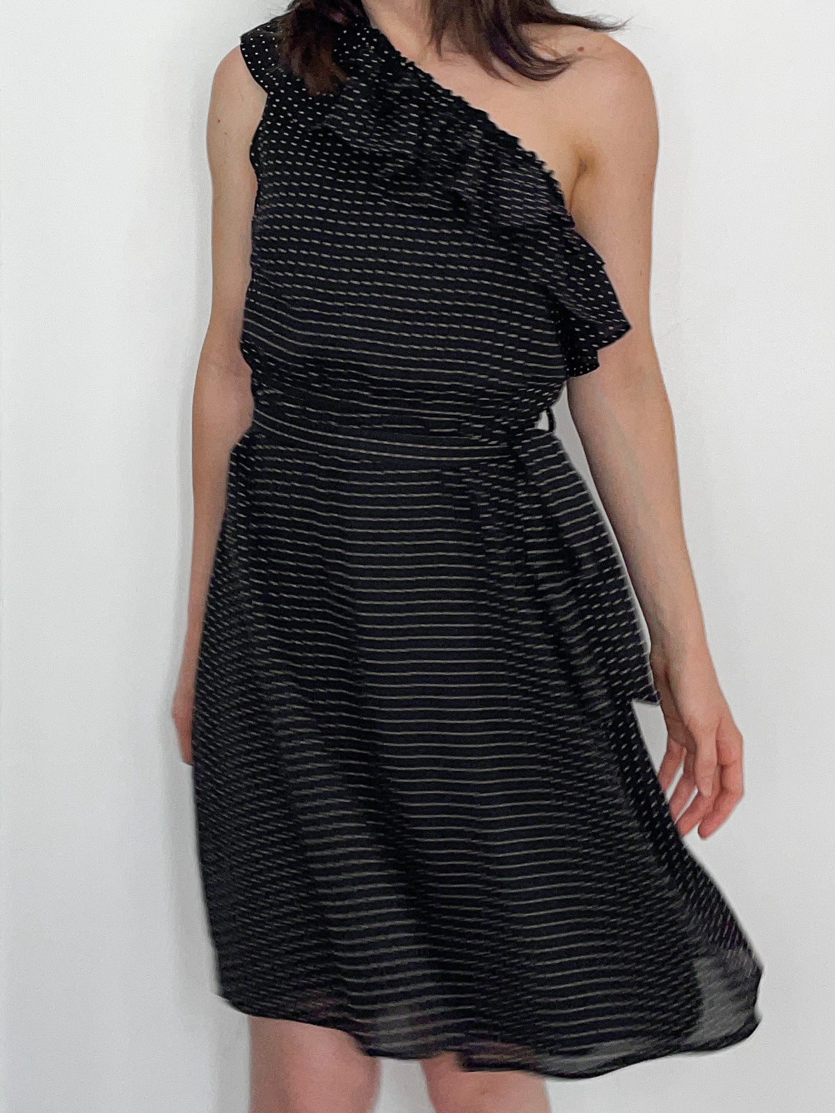 One Shoulder Black Polka Dot Spot Dress in Black