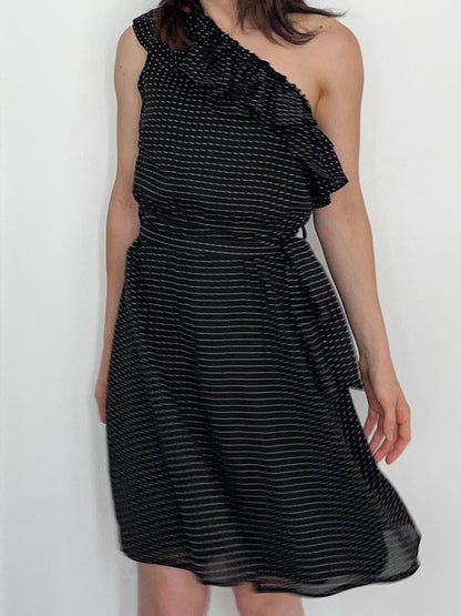 One Shoulder Black Polka Dot Spot Dress in Black