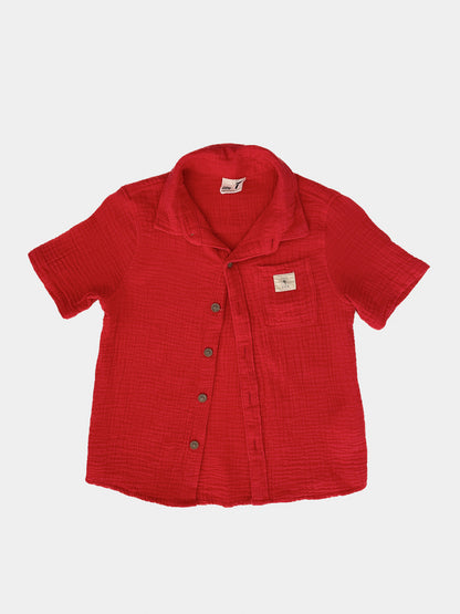Kids Red Cotton Muslin Short Sleeve Button Up Shirt