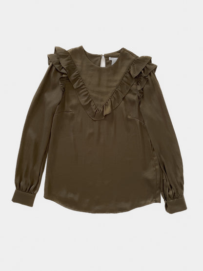 Ruffle Trim Satin Blouse in Olive Green