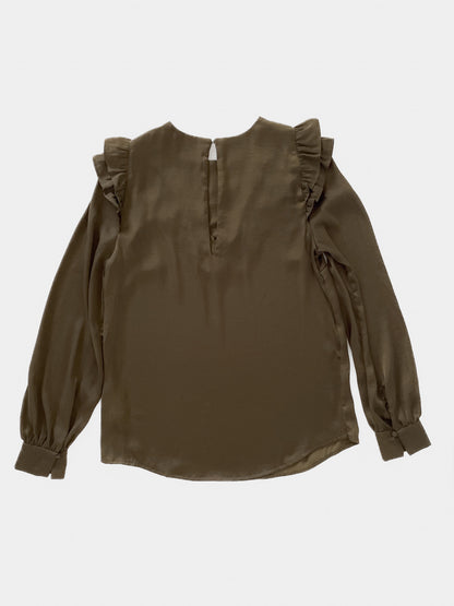 Ruffle Trim Satin Blouse in Olive Green