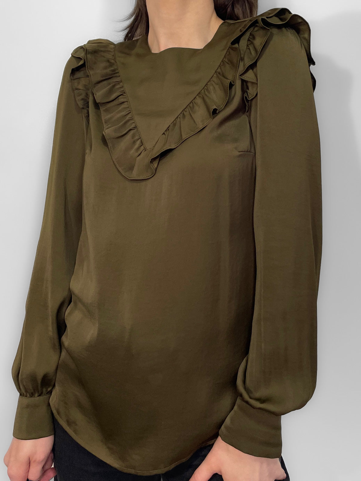 Ruffle Trim Satin Blouse in Olive Green