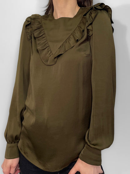 Ruffle Trim Satin Blouse in Olive Green