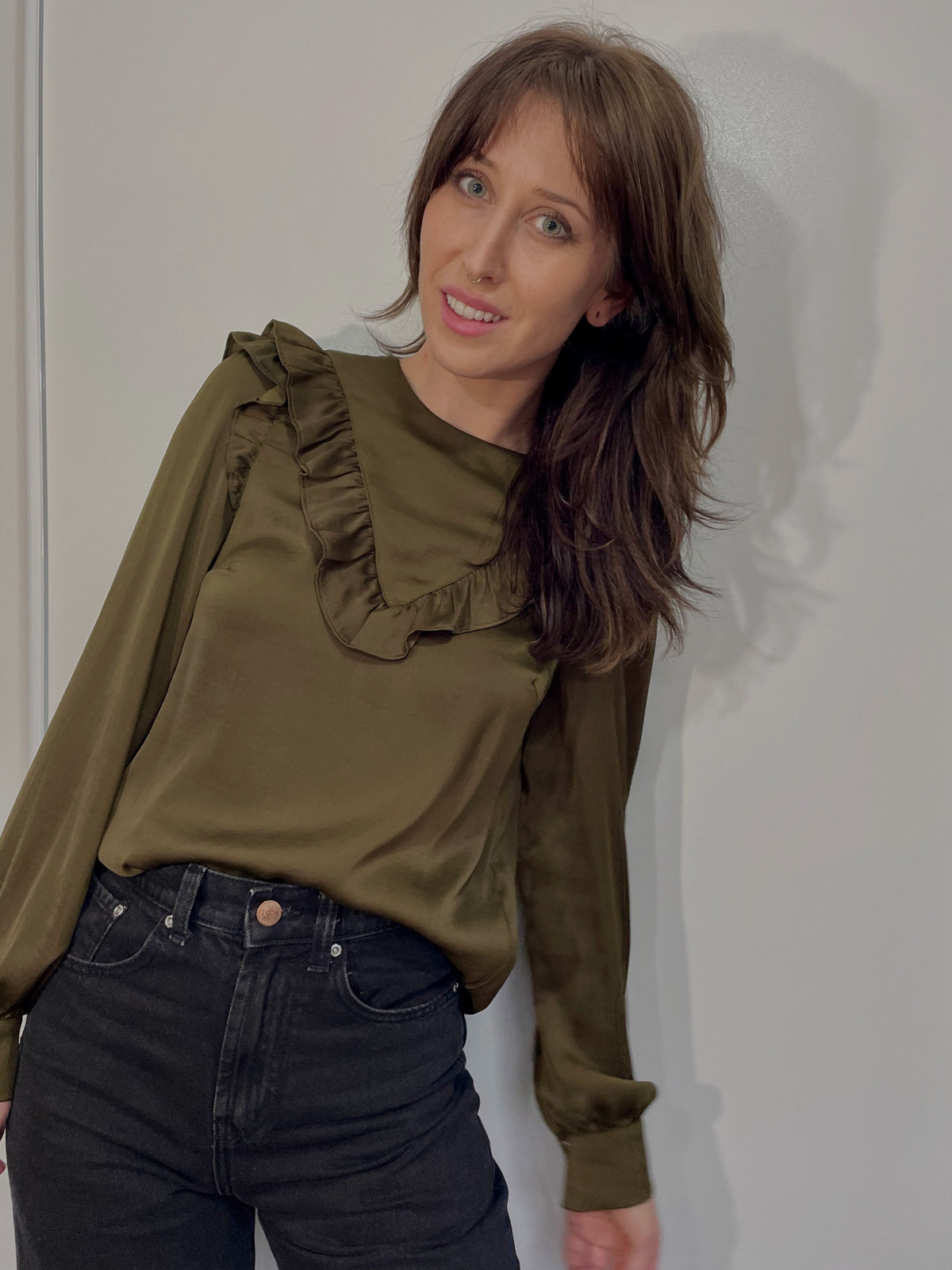 Ruffle Trim Satin Blouse in Olive Green