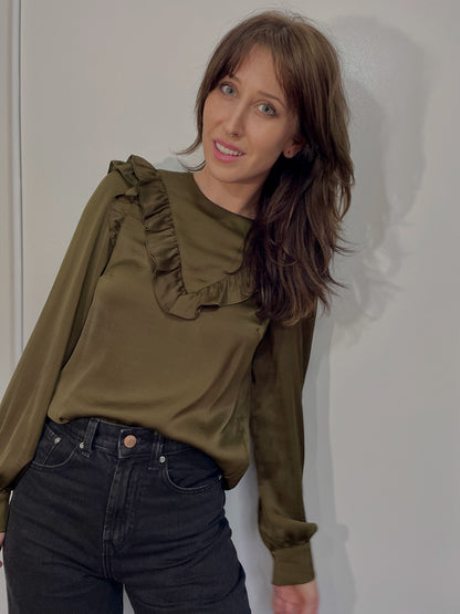 Ruffle Trim Satin Blouse in Olive Green