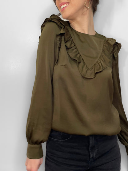 Ruffle Trim Satin Blouse in Olive Green
