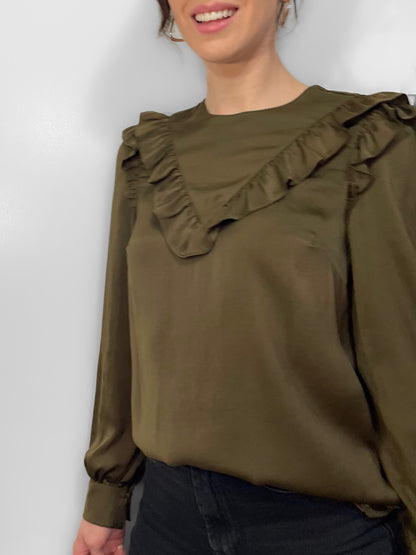 Ruffle Trim Satin Blouse in Olive Green