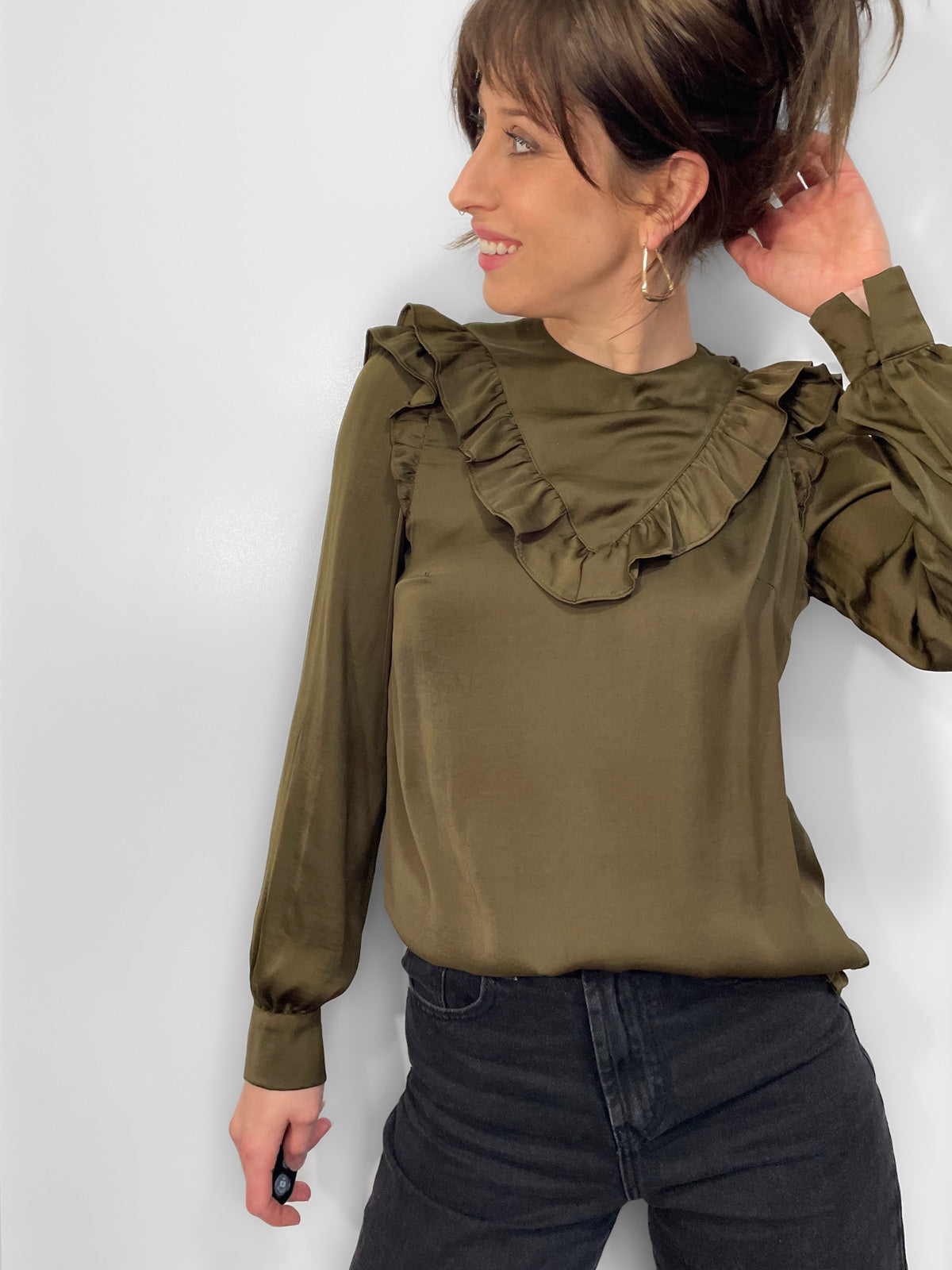 Ruffle Trim Satin Blouse in Olive Green