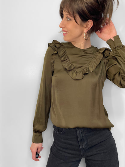 Ruffle Trim Satin Blouse in Olive Green