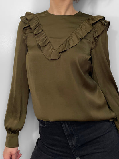 Ruffle Trim Satin Blouse in Olive Green