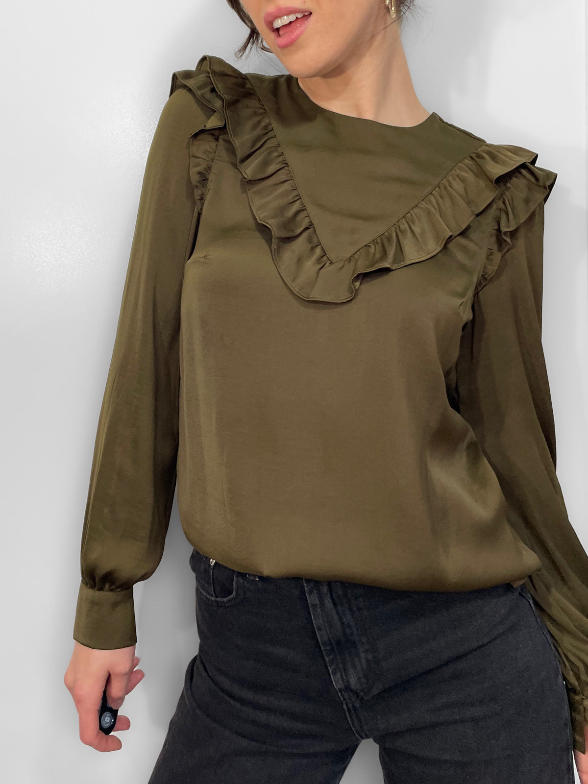 Ruffle Trim Satin Blouse in Olive Green