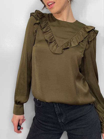 Ruffle Trim Satin Blouse in Olive Green
