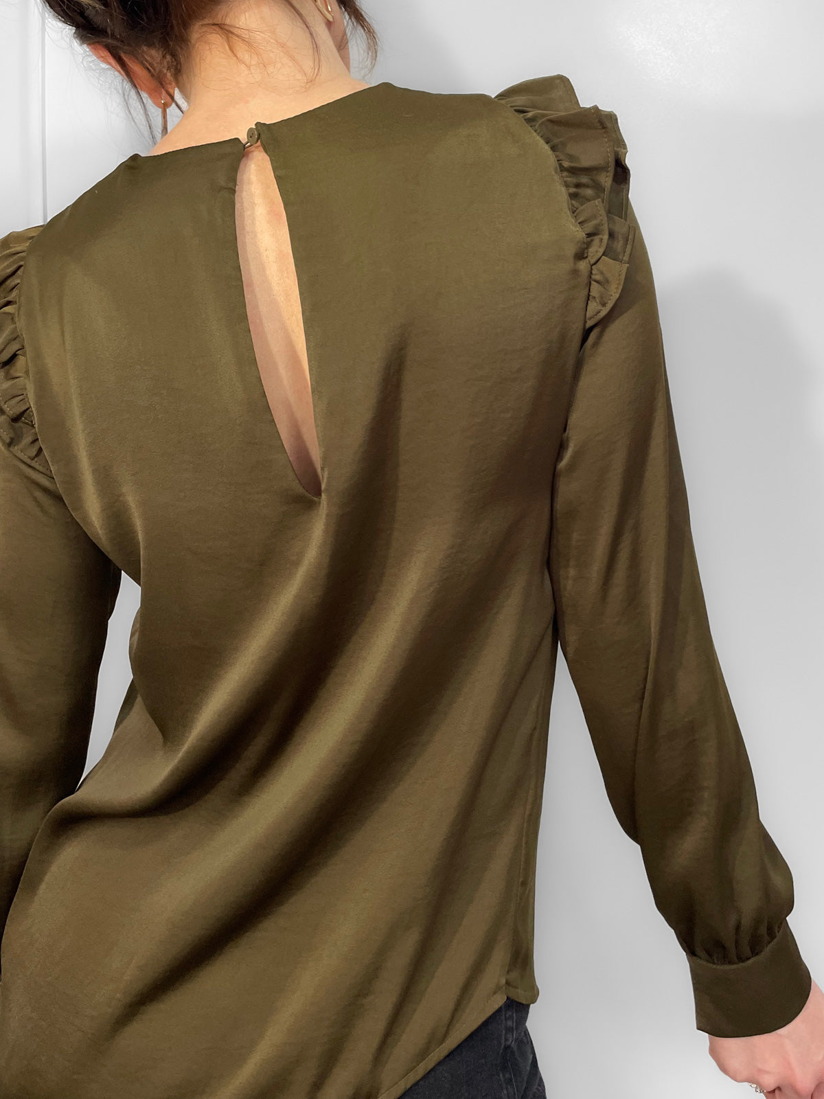Ruffle Trim Satin Blouse in Olive Green