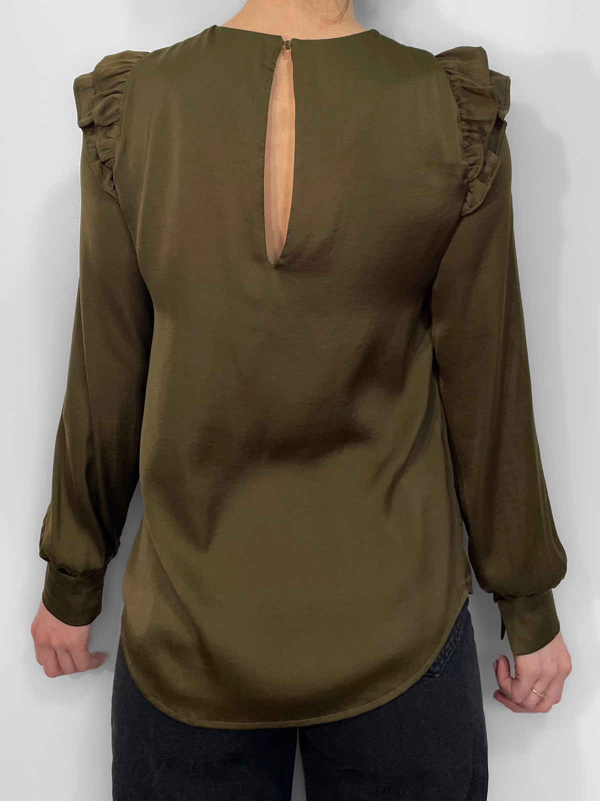 Ruffle Trim Satin Blouse in Olive Green
