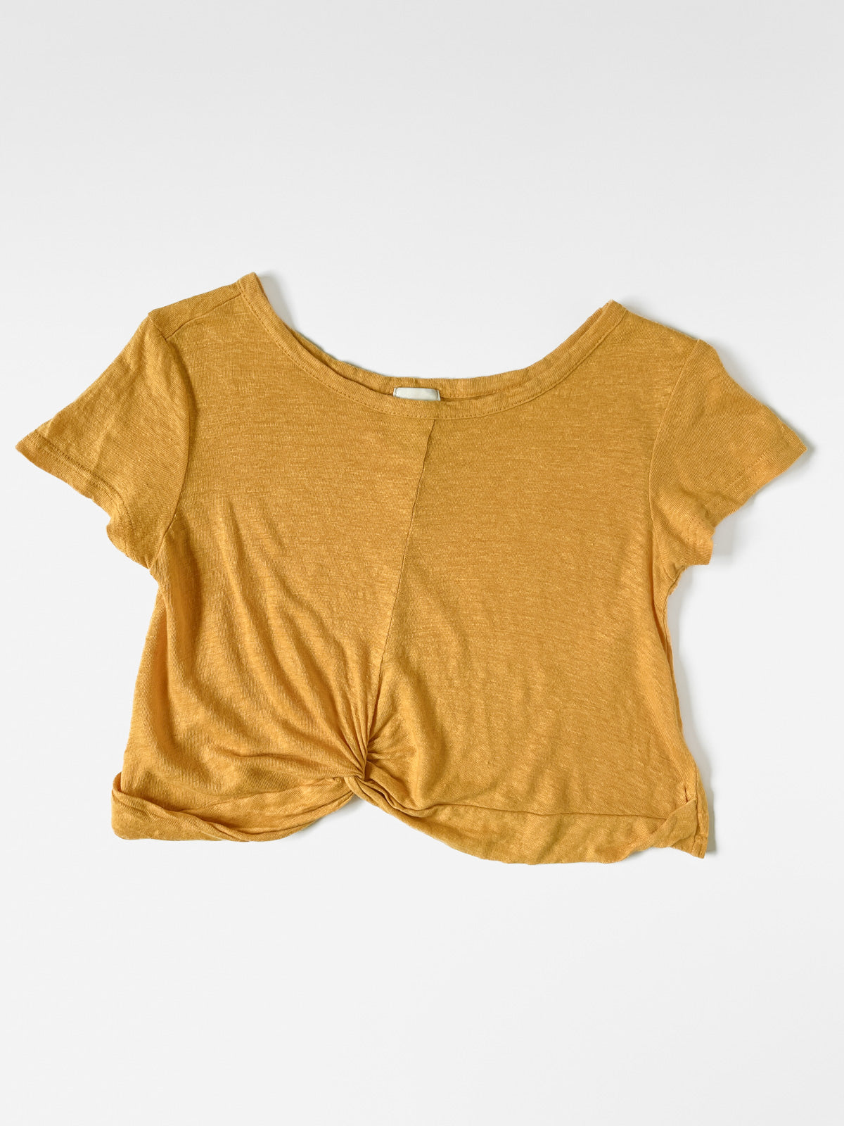 Mustard Mango Yellow Slub Jersey Twist Knot Front Cropped Baby Tee