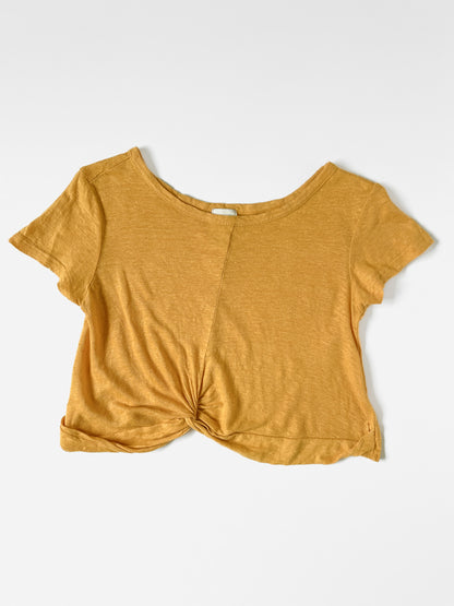 Mustard Mango Yellow Slub Jersey Twist Knot Front Cropped Baby Tee