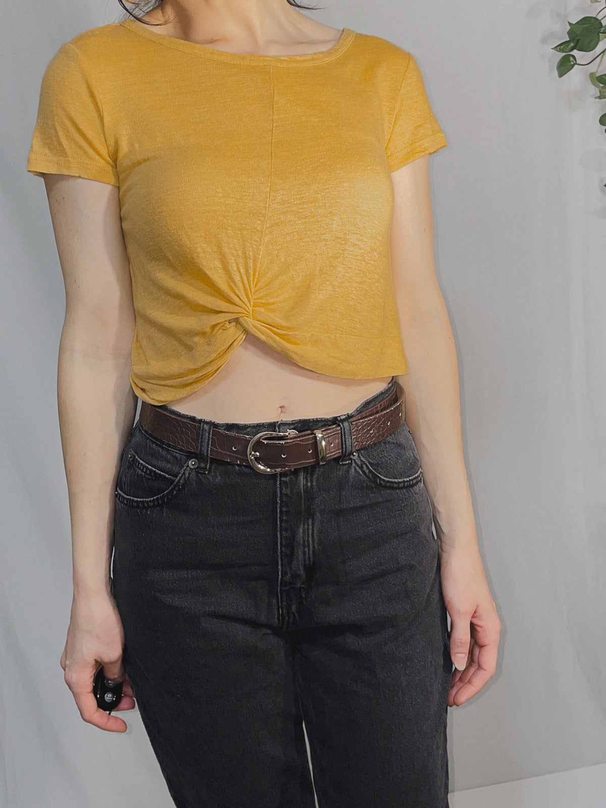 Mustard Mango Yellow Slub Jersey Twist Knot Front Cropped Baby Tee