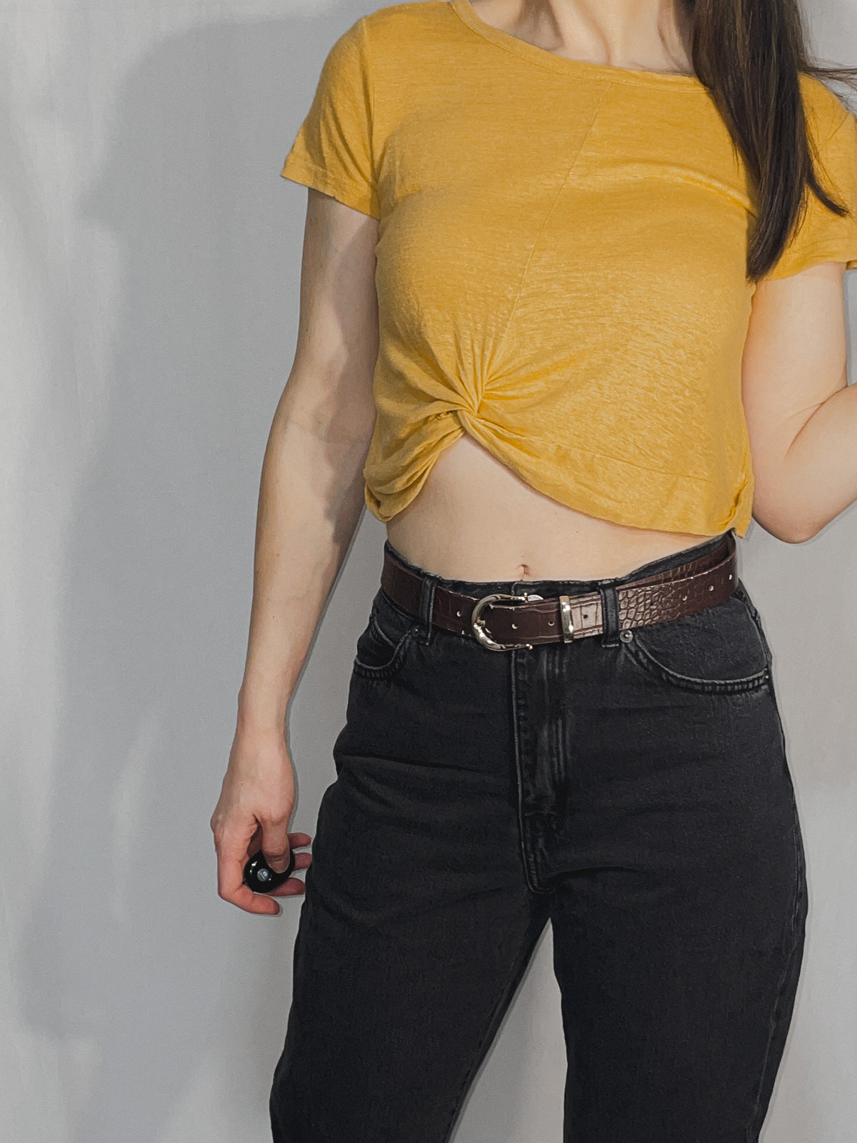 Mustard Mango Yellow Slub Jersey Twist Knot Front Cropped Baby Tee