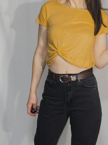 Mustard Mango Yellow Slub Jersey Twist Knot Front Cropped Baby Tee