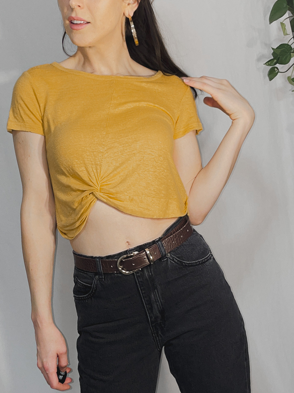 Mustard Mango Yellow Slub Jersey Twist Knot Front Cropped Baby Tee