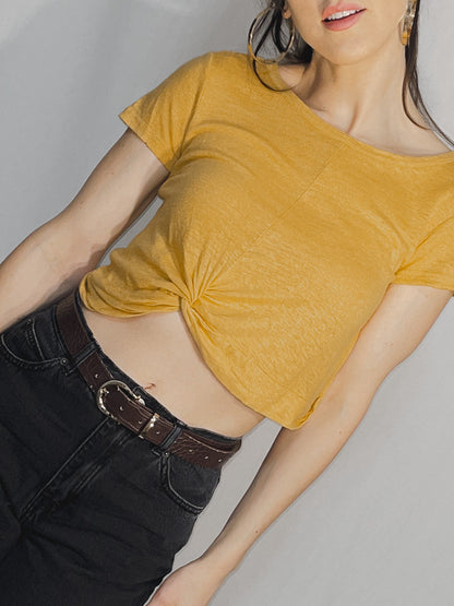 Mustard Mango Yellow Slub Jersey Twist Knot Front Cropped Baby Tee