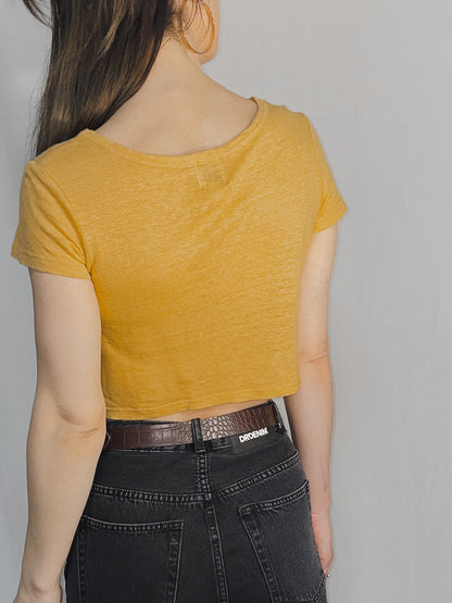 Mustard Mango Yellow Slub Jersey Twist Knot Front Cropped Baby Tee