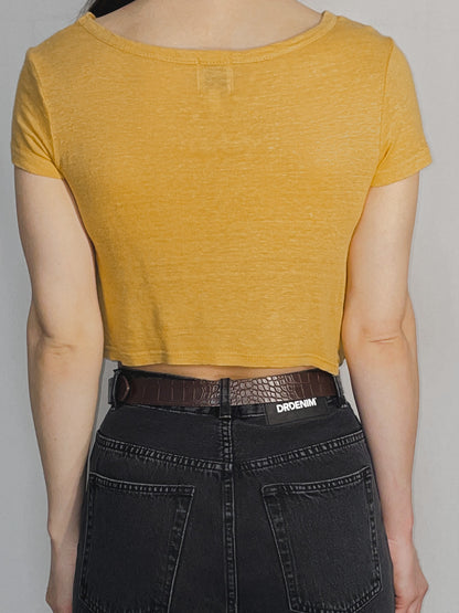 Mustard Mango Yellow Slub Jersey Twist Knot Front Cropped Baby Tee