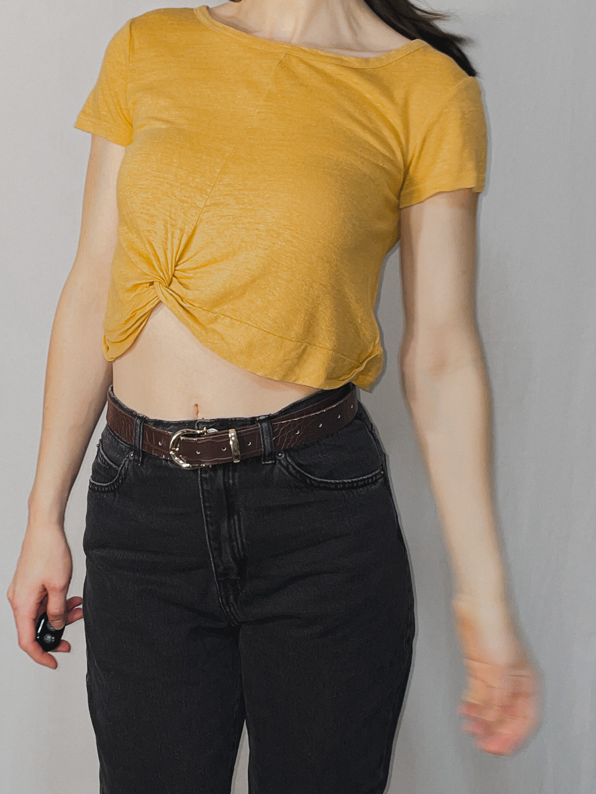 Mustard Mango Yellow Slub Jersey Twist Knot Front Cropped Baby Tee