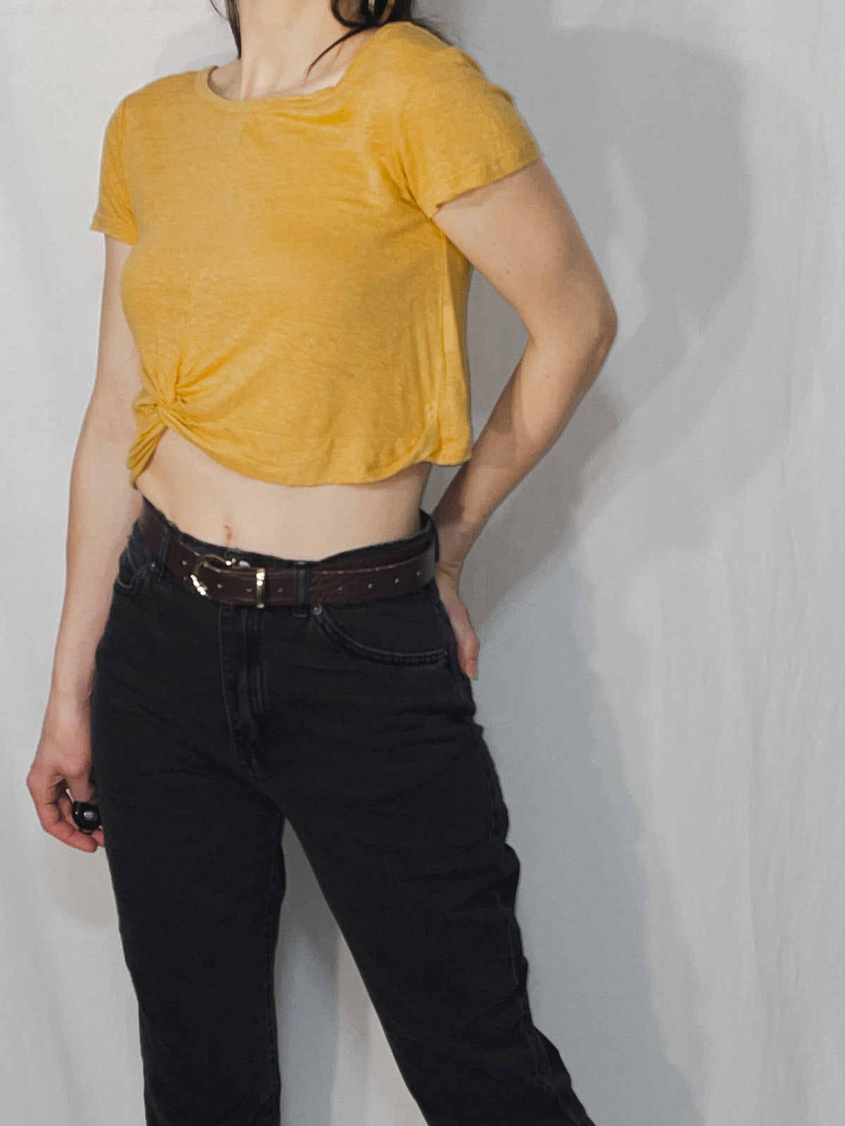 Mustard Mango Yellow Slub Jersey Twist Knot Front Cropped Baby Tee