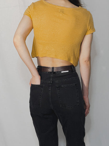 Mustard Mango Yellow Slub Jersey Twist Knot Front Cropped Baby Tee