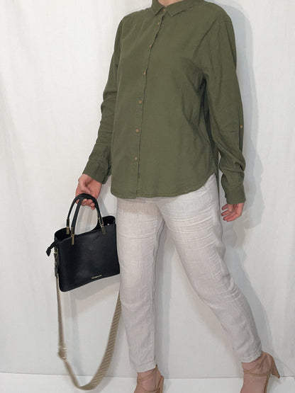Linen Blend Khaki Button Up Shirt