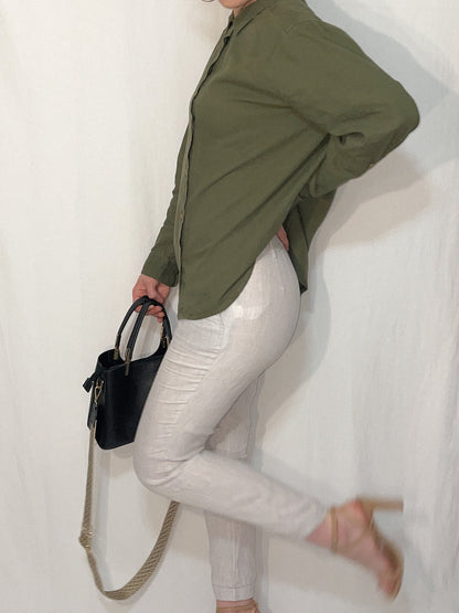 Linen Blend Khaki Button Up Shirt
