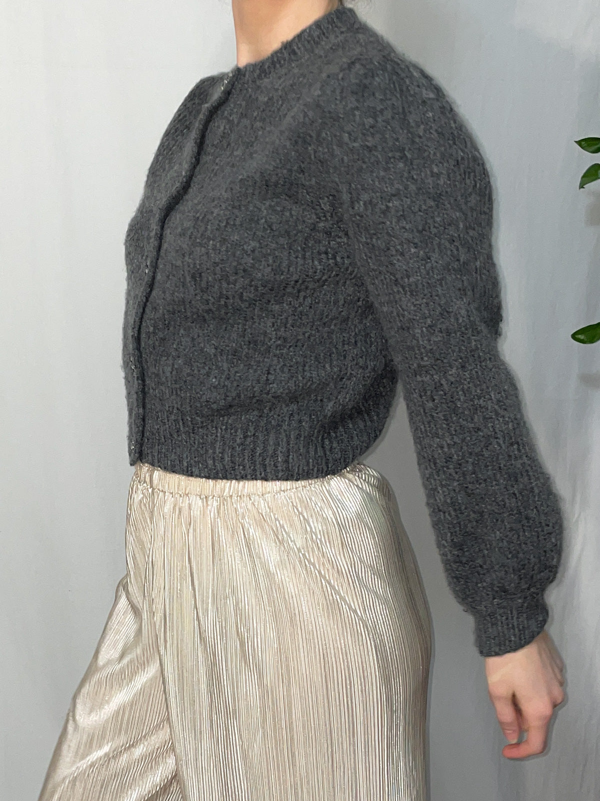 Charcoal Knit Balloon Sleeve Statement Button Cardigan