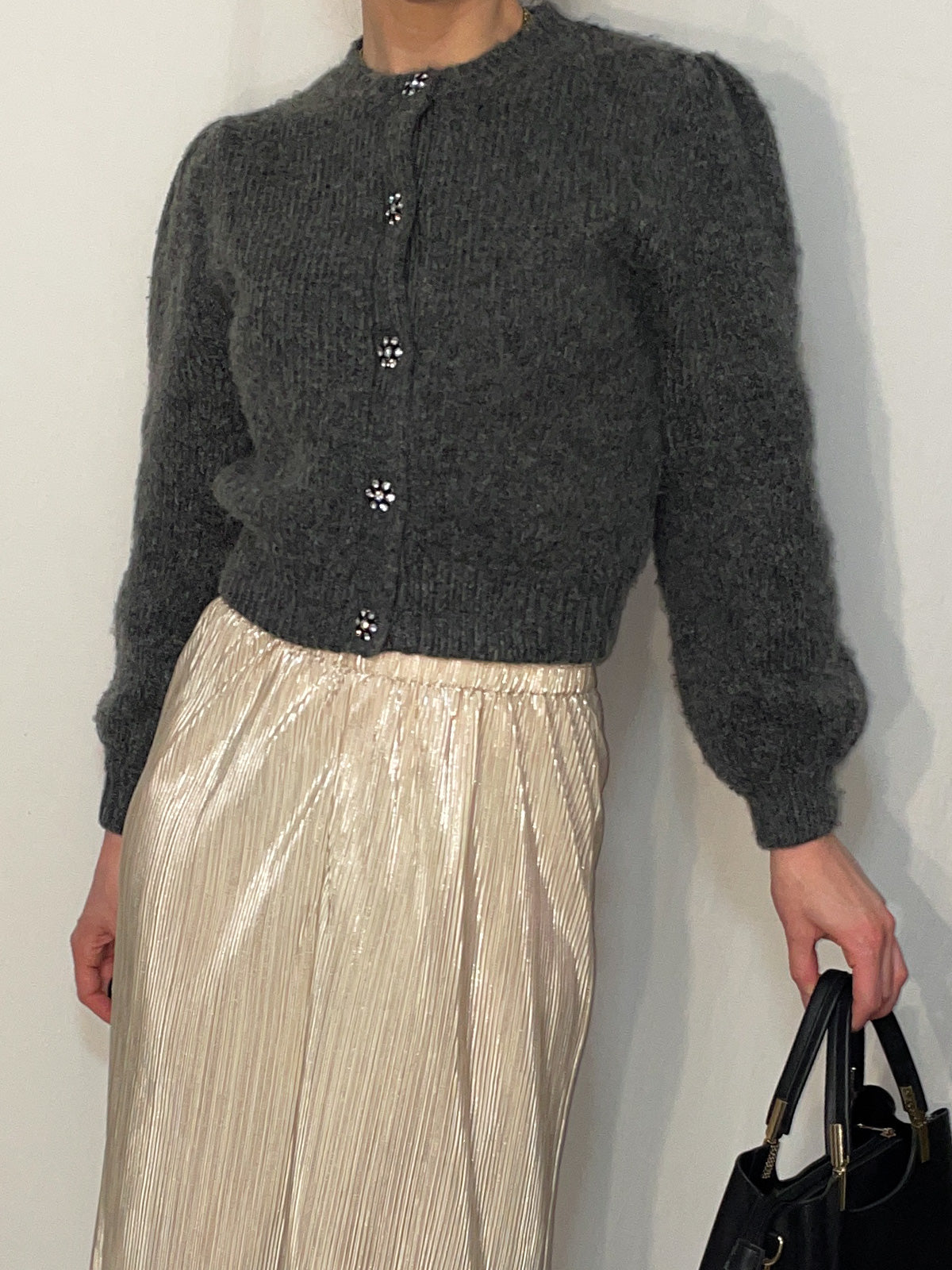 Charcoal Knit Balloon Sleeve Statement Button Cardigan