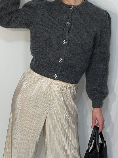 Charcoal Knit Balloon Sleeve Statement Button Cardigan
