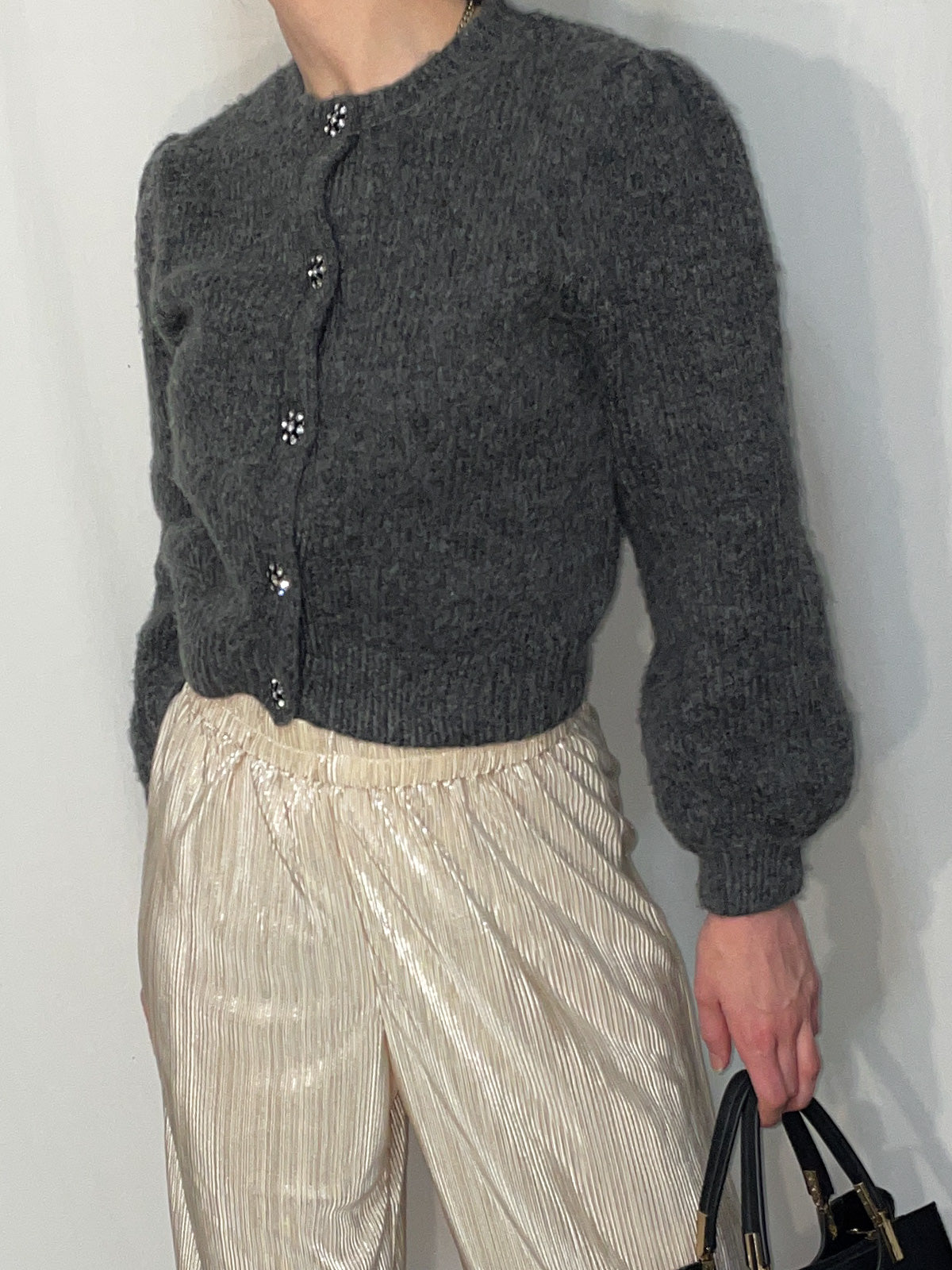 Charcoal Knit Balloon Sleeve Statement Button Cardigan