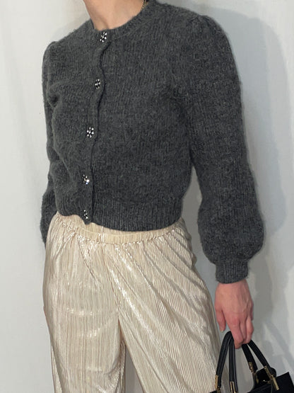 Charcoal Knit Balloon Sleeve Statement Button Cardigan