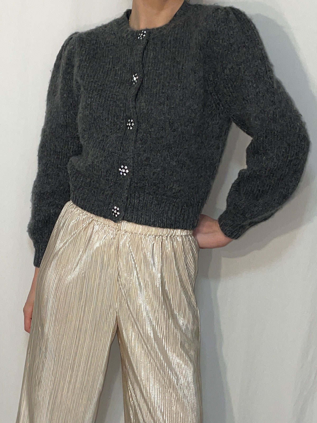 Charcoal Knit Balloon Sleeve Statement Button Cardigan